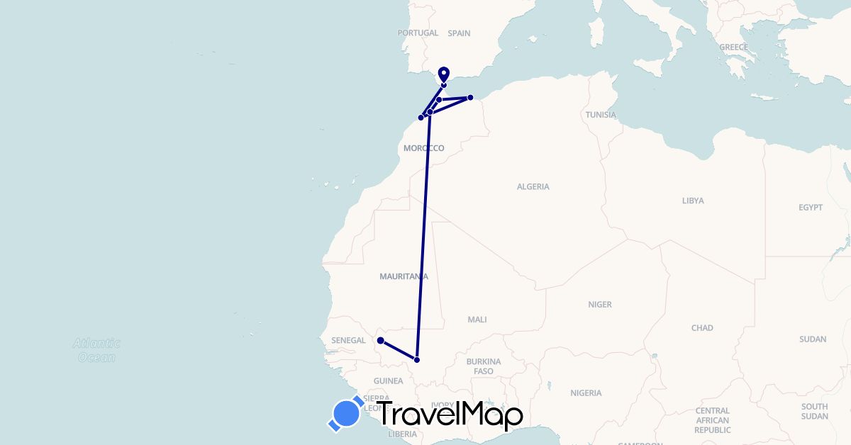TravelMap itinerary: driving in Spain, Morocco, Mali (Africa, Europe)